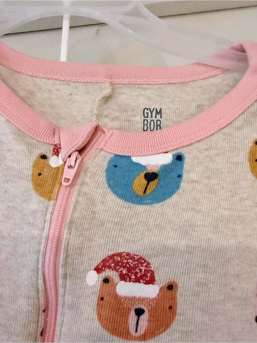 Gymboree Beige Holiday Bear Print Onesie with Pink Trim